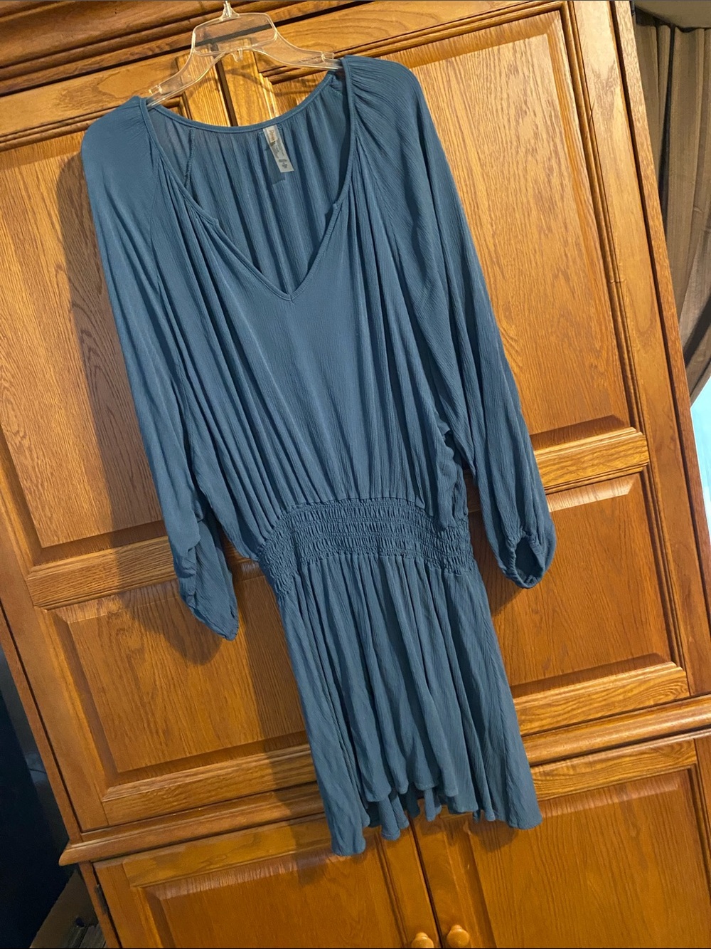 Raisins Slate-Blue Smocked Waist Long Sleeve V-Neck Dress